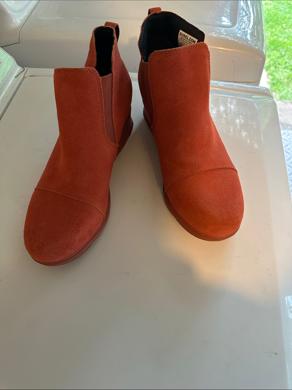 Sorel Orange Suede Wedge Chelsea Booties